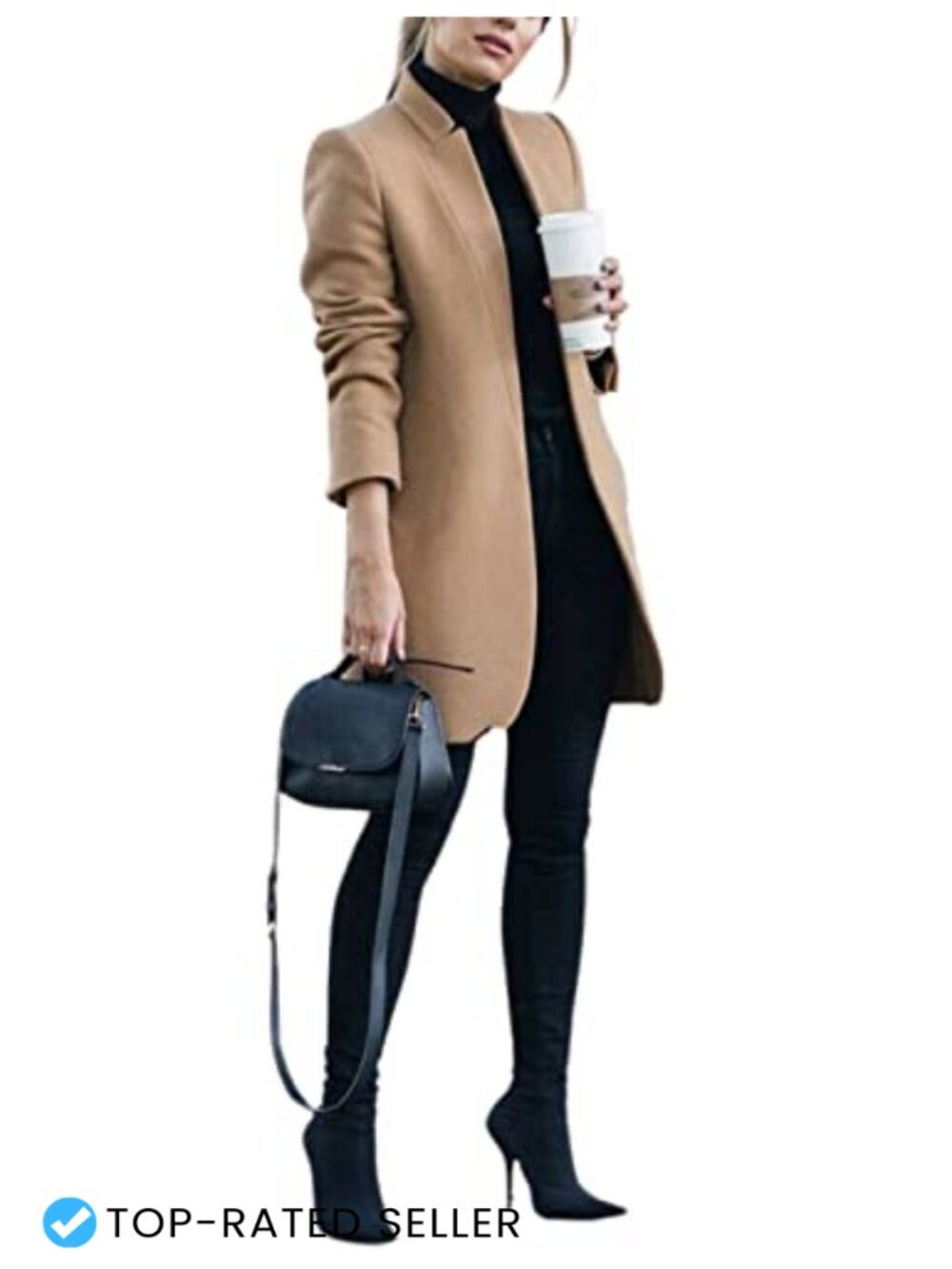Wool Blend Pea Coat Womens Stand Collar Mid Long Warm Winter Coat